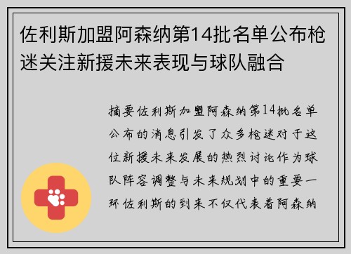 佐利斯加盟阿森纳第14批名单公布枪迷关注新援未来表现与球队融合